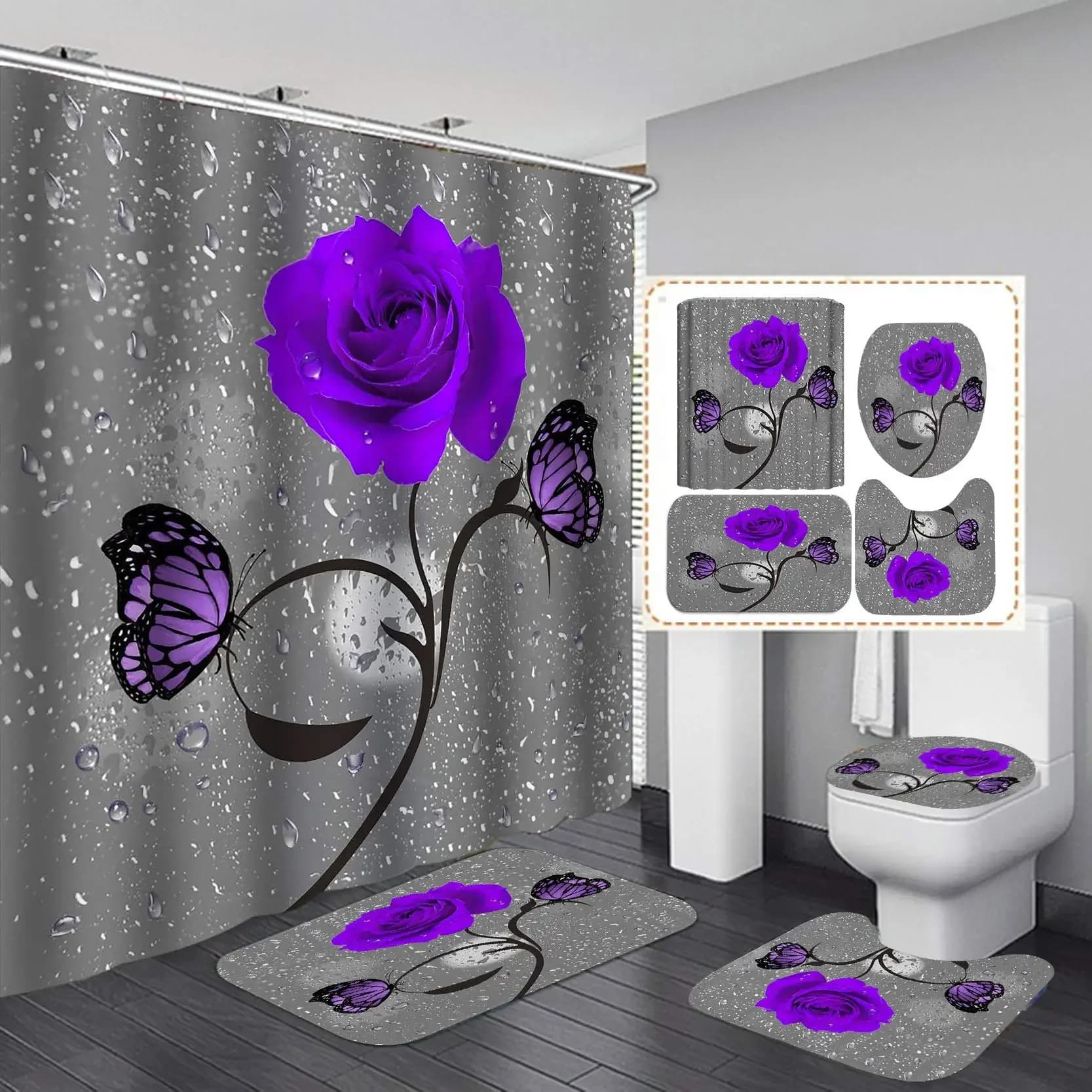 Farfalla Fiori Tenda da doccia impermeabile Tappetino antiscivolo Tappeto Sedile WC Cove Poliestere Lavabile Bagno Bagno Decorazione
