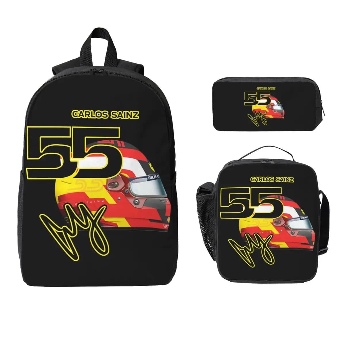 Carlos Sainz Jr F1 Signature Graphic Zaino scuro Studente Ragazzi Ragazze BookBag Borsa da scuola Borsa da pranzo isolata 3ps Astuccio
