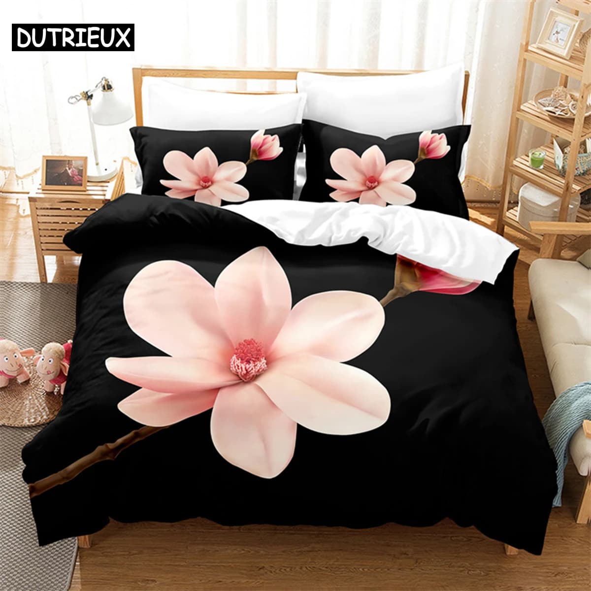 Set biancheria da letto Queen con fiori rosa Set copripiumino nero Biancheria da letto con stampa digitale Set copripiumino king size Set biancheria da letto