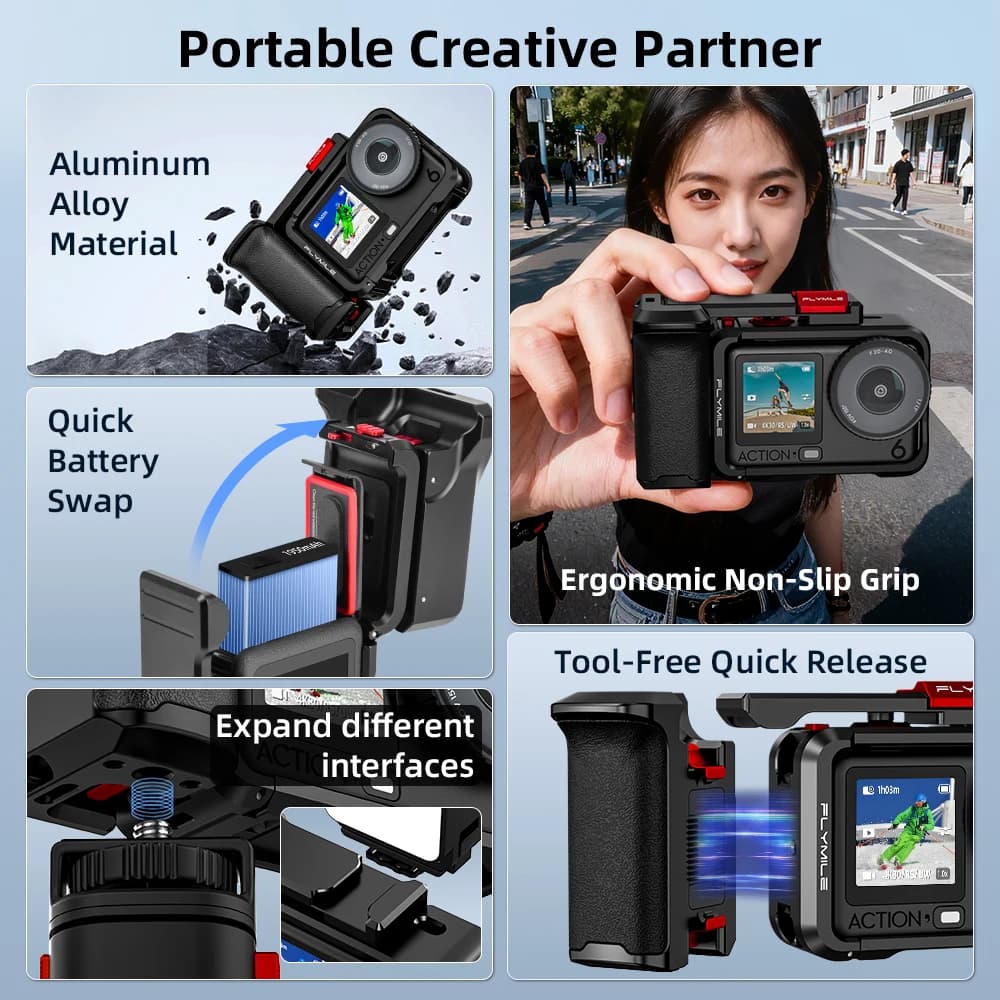 For DJI Osmo Action 6, aluminum alloy grip kit for video recording and photo shooting, camera accessories for street photography.