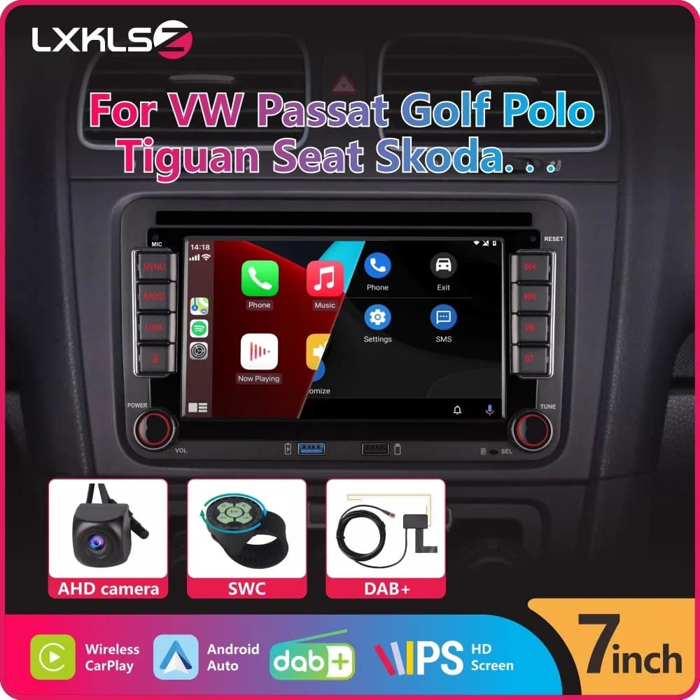 Autoradio 7 "2Din per VW Volkswagen Golf Polo CC Tiguan Passat b7 Jetta Touran Skoda SEAT con Wireless Carplay Android Auto DAB +
