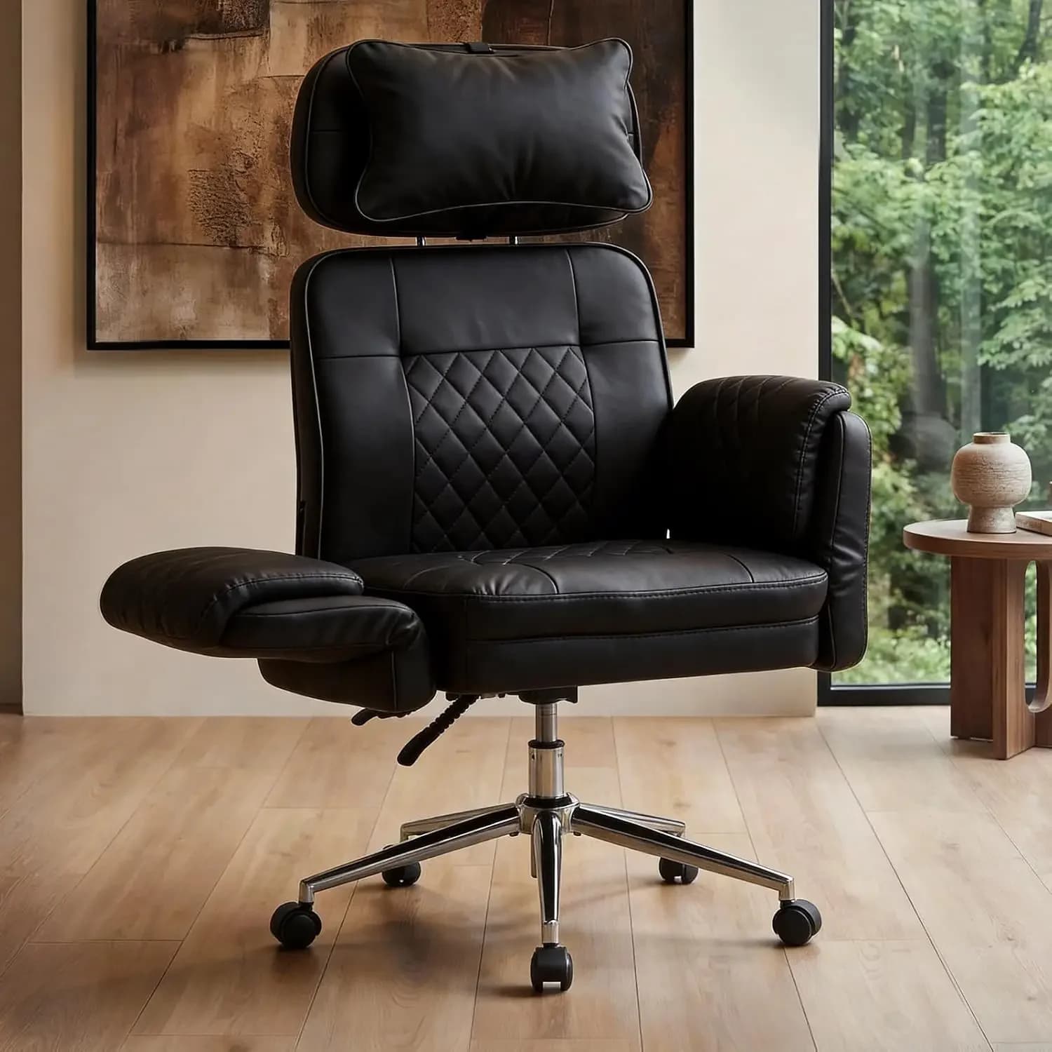 Sedia da ufficio ergonomica in pelle nera con schienale alto, braccioli e ruote, ideale per computer, gaming, casa, trucco e camera da letto, per persone alte e robuste