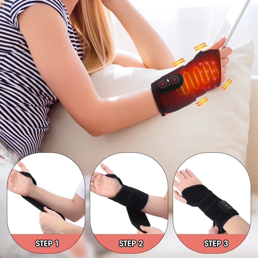 Electric Wrist Massager Vibration Heating 660 & 850nm Red Light Therapy with 36pcs Beads Massage Wrap Brace Hand Relaxation Belt