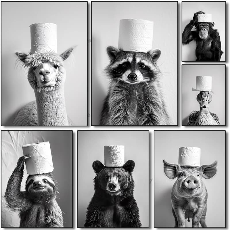 Fun bathroom Black White Animal Raccoon Tiger Rhino Toilet paper on head posters printing wall painting bathroom home decorat