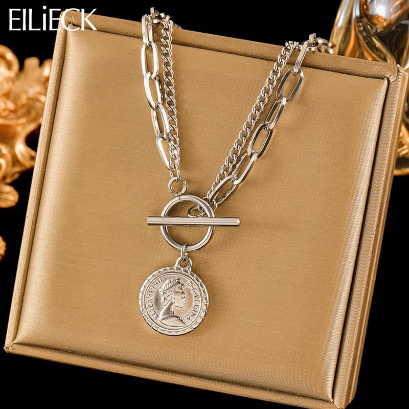 EILIECK 316L Stainless Steel Silver Color Figure Coin Pendant Necklace For Women Fashion Neck Chain Waterproof Jewelry Gift