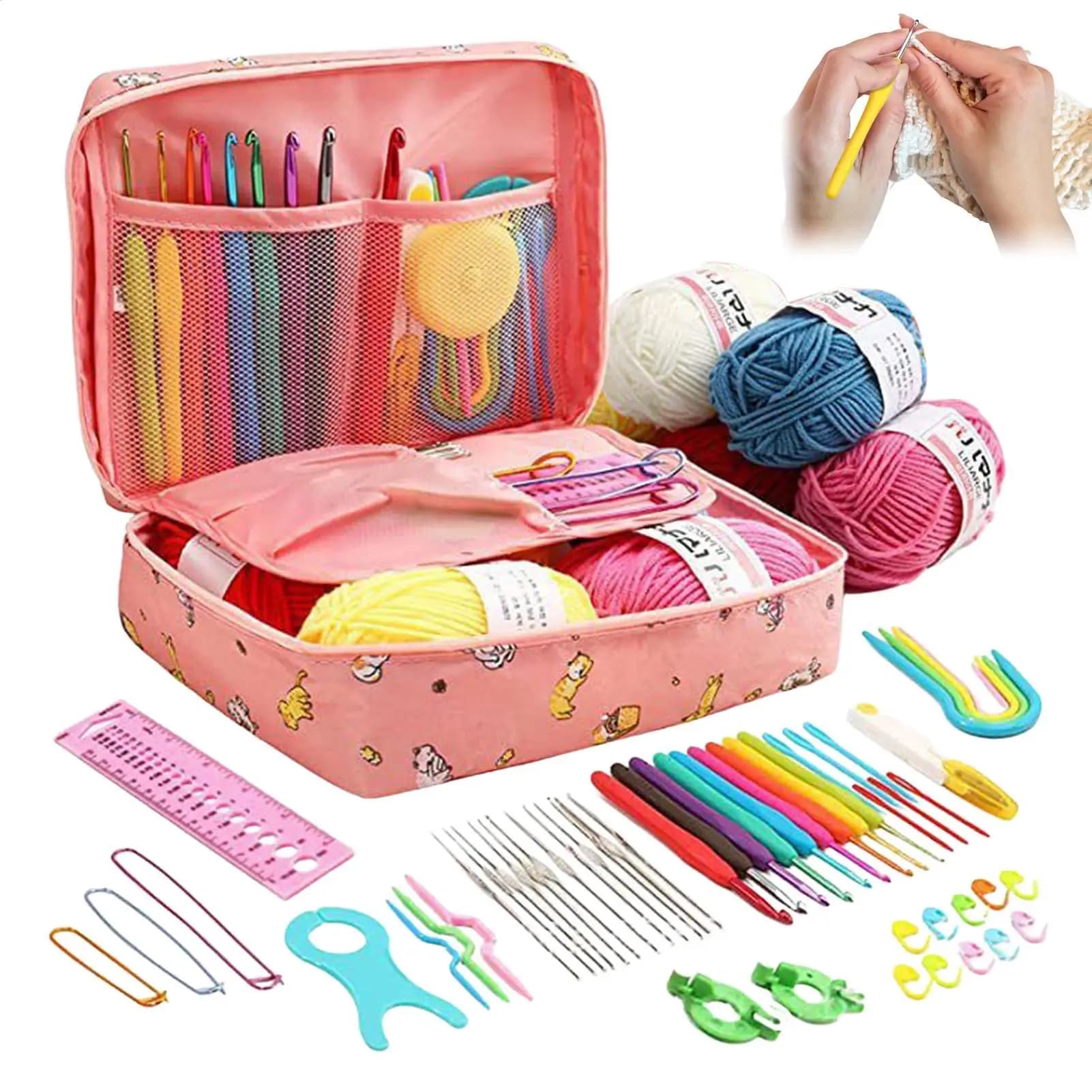 59 pezzi/set set di maglieria all'uncinetto portatile kit di uncinetti per principianti fai da te con custodia materiale e strumenti di archiviazione