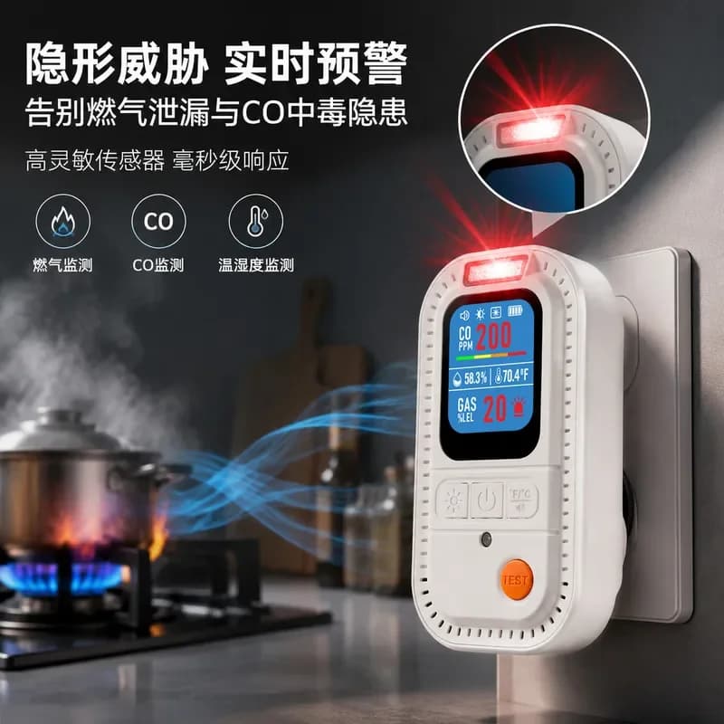 For 4-in-1 wall plug digital combustible gas detector kitchen carbon monoxide alarm temperature and humidity monitor
