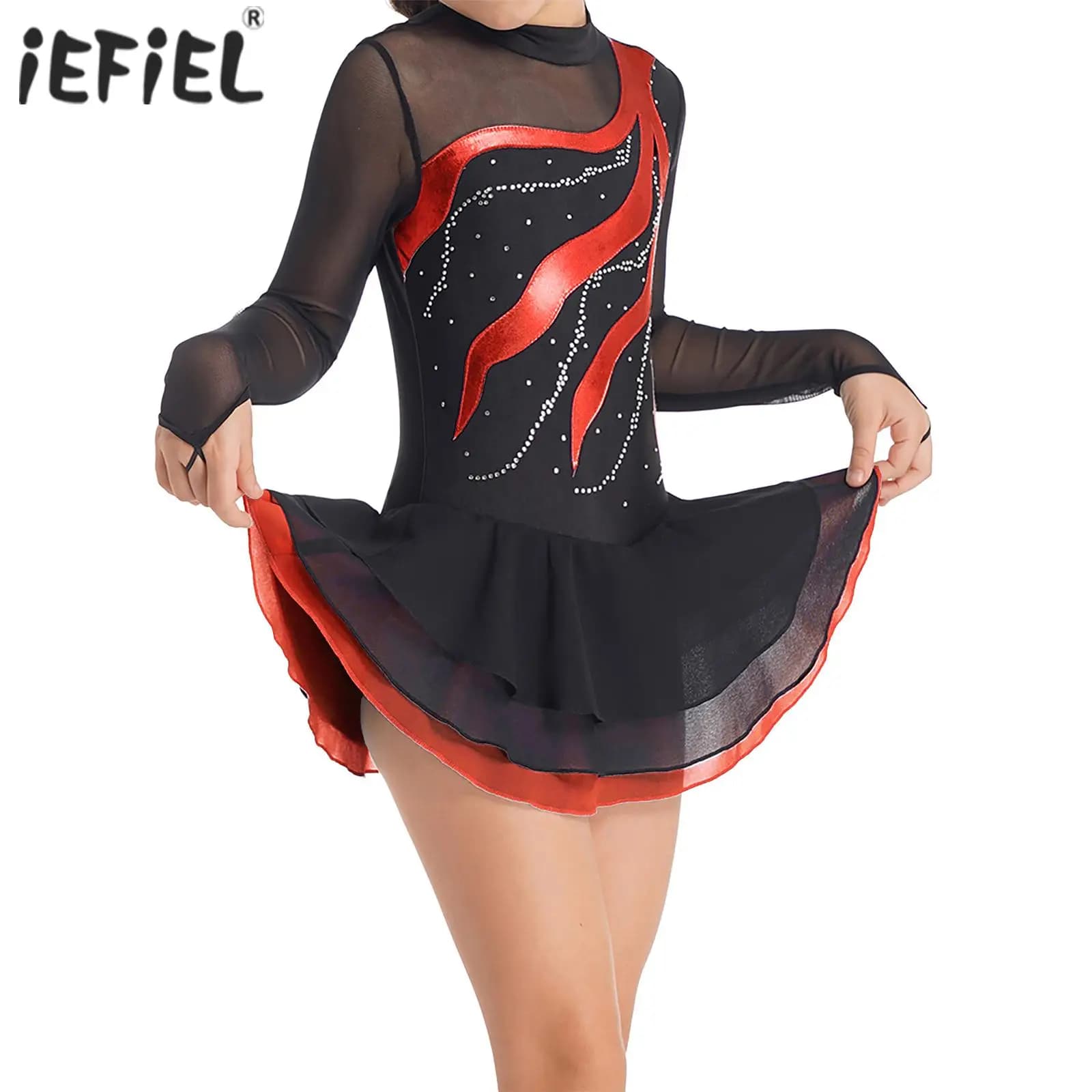 Abito da pattinaggio su ghiaccio per bambina, costumi da ballerina, lirico, moderno, contemporaneo, latino, danza jazz, patchwork a maniche lunghe