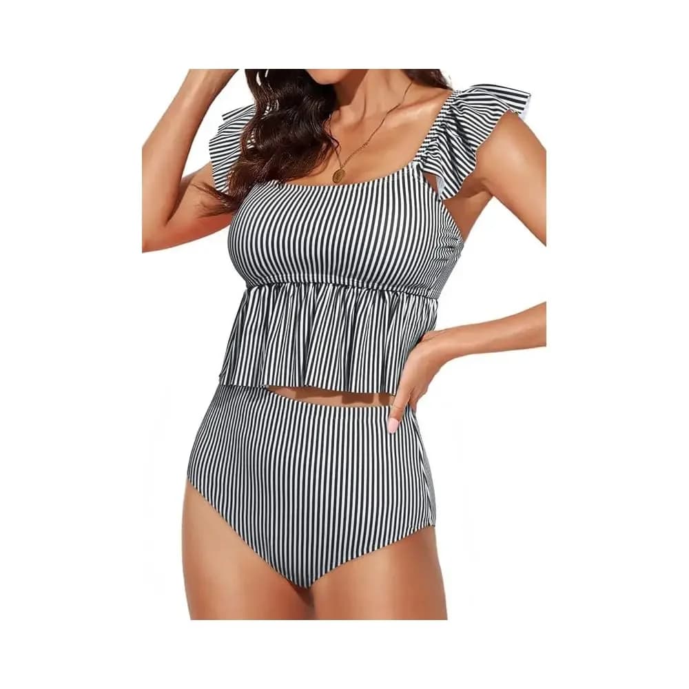 Costumi da bagno Tankini a due pezzi da donna 2026 con scollo quadrato, maniche a volant e fantasia a righe