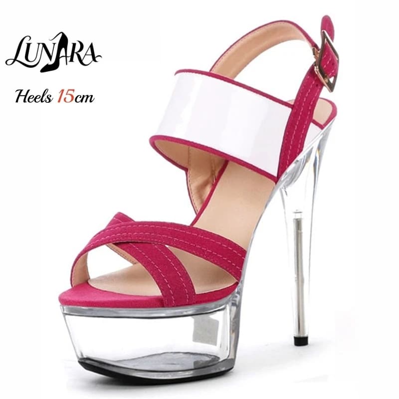 15cm/6Inch Clear Platform Stiletto Sandals Pink Suede Cross Straps White Patent Band Adjustable Buckle Shock Absorbing Women's