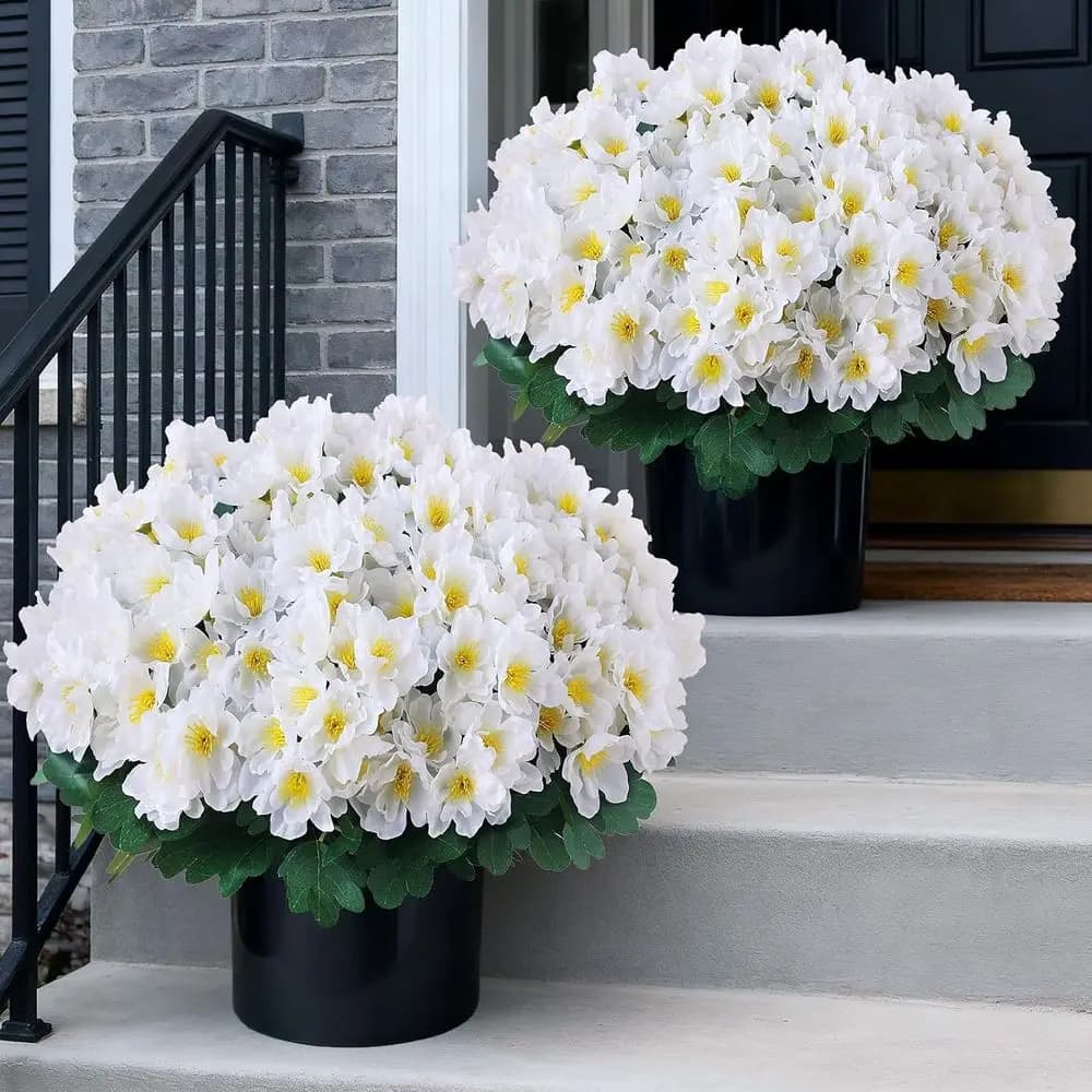 2 Artificial Trees of Camellia in Shape of Sphere - Plants in Vase, UV Resistant, Ideal for Entrance Door, Home, Portico, Garden, Exterior