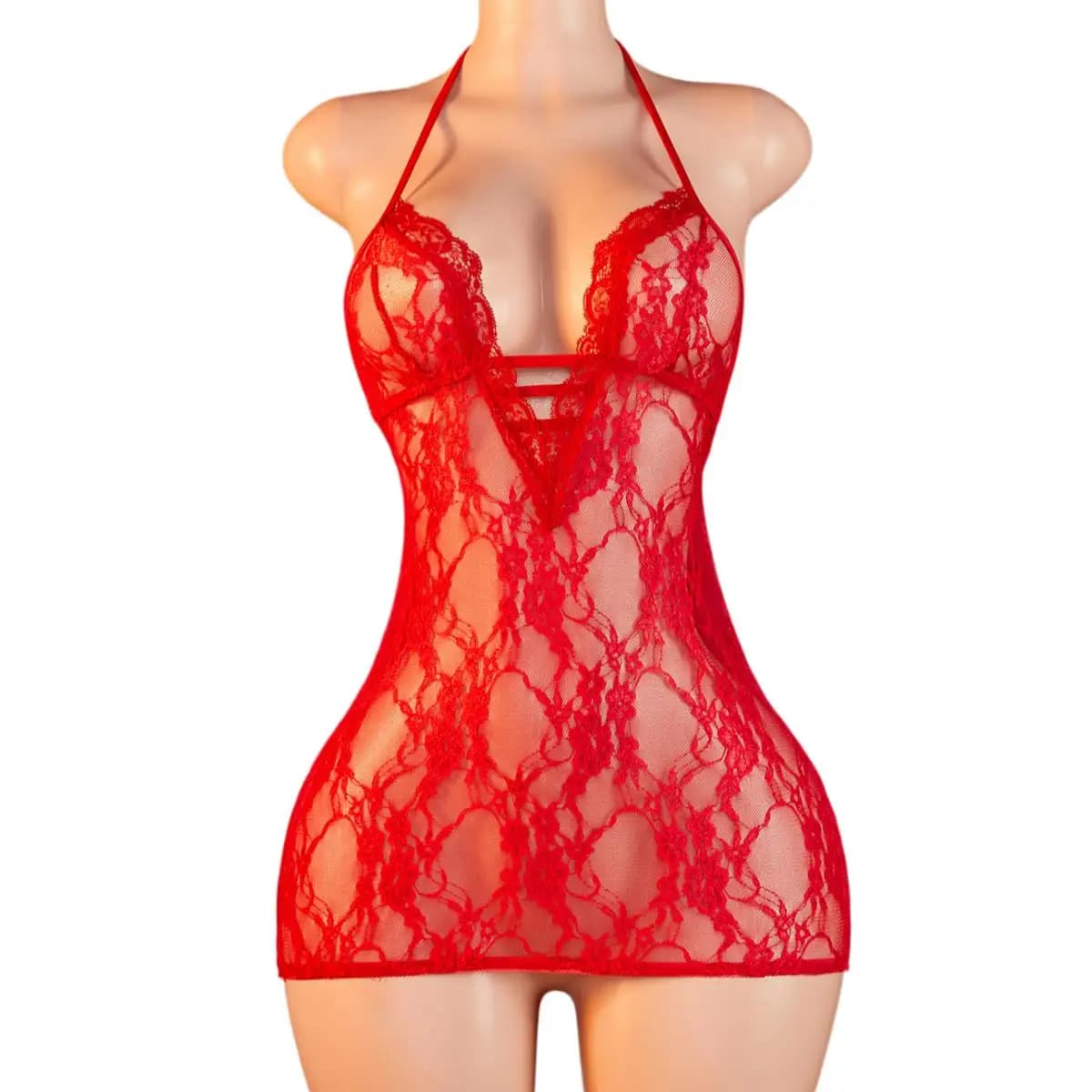 Sexy Abito Lingerie Rosso con Collo Halter in Rete Trasparente per Donne, Senza Schienale, Trasparente, Babydoll, Outfit da Nightclub