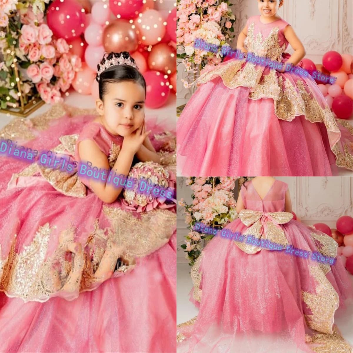 Splendido tulle rosa soffice abito da ragazza di fiori applicazioni dorate di lusso matrimonio bambini festa di compleanno abiti da sera abiti personalizzati