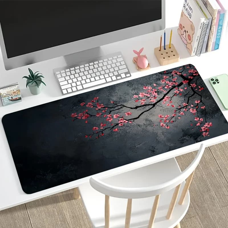 Tappetino per mouse da gaming grande, design con rami in fioro e pittura a inchiostro, base in gomma antiscivolo lavabile, tappetino da scrivania antimacchia