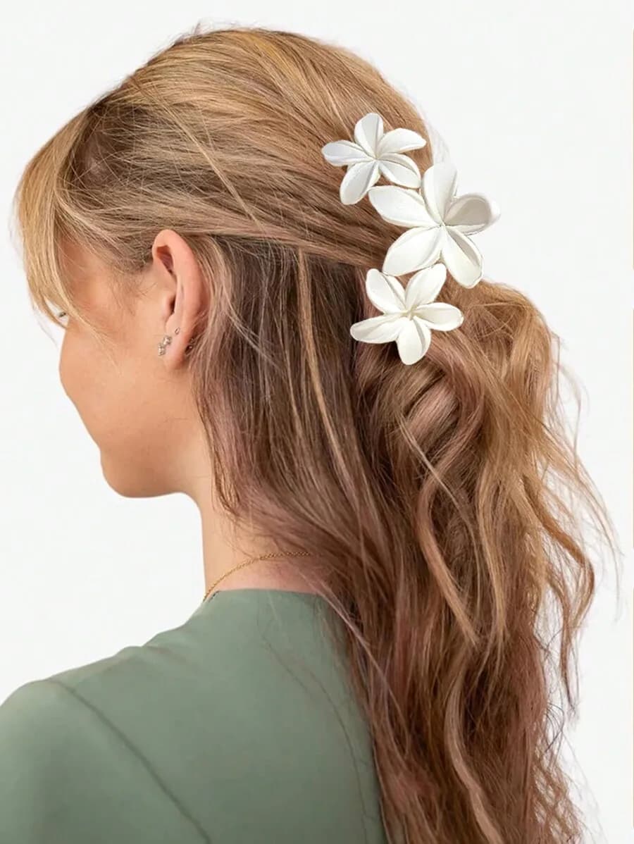 3 fermagli per capelli con fiore di plumeria satinato medio, per donna, colore bianco