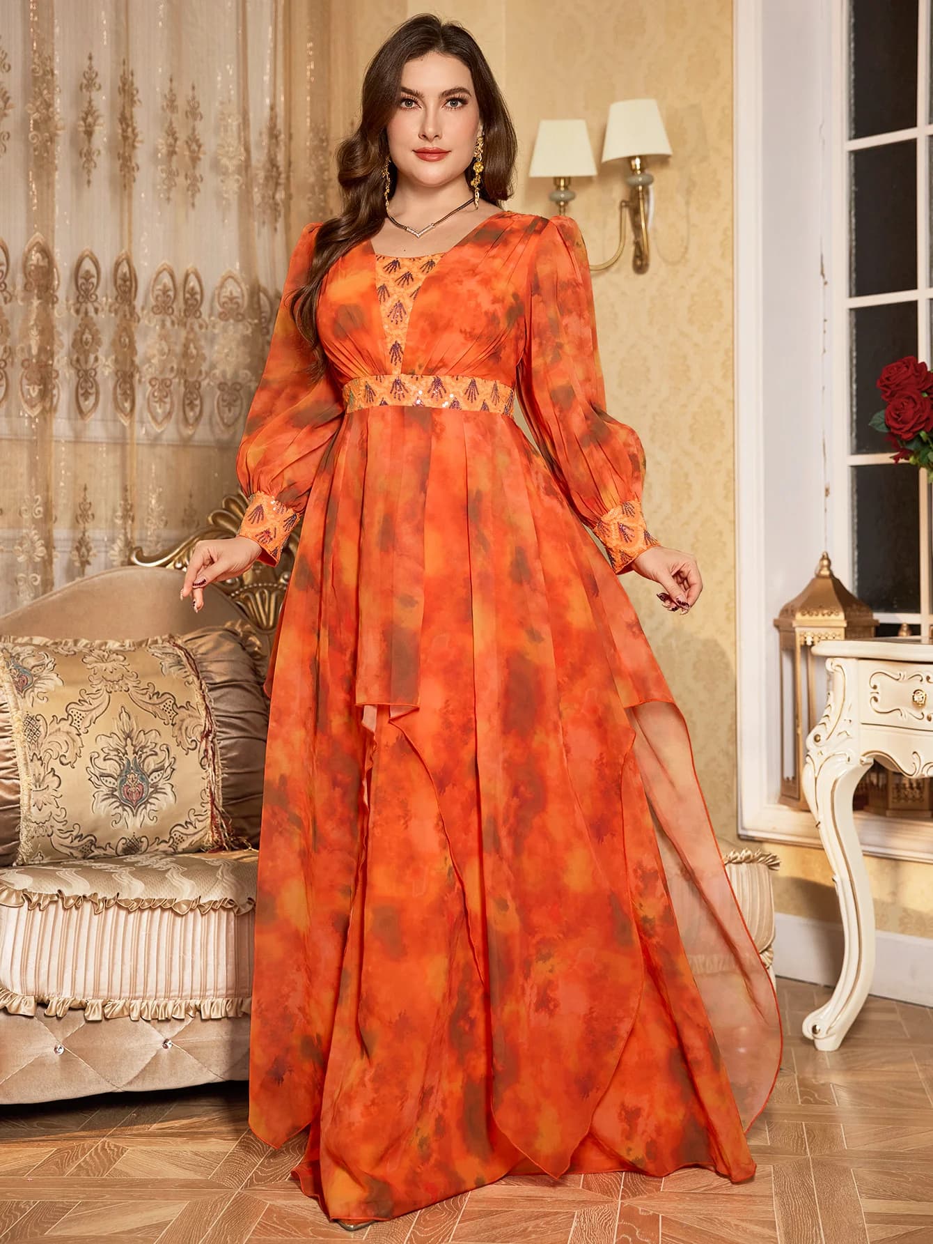 UNITHORSE Random Print Square Collar Lantern Sleeve Luxury Bead Embellished Multi-Color Chiffon Evening Dress Evening Gown Dress