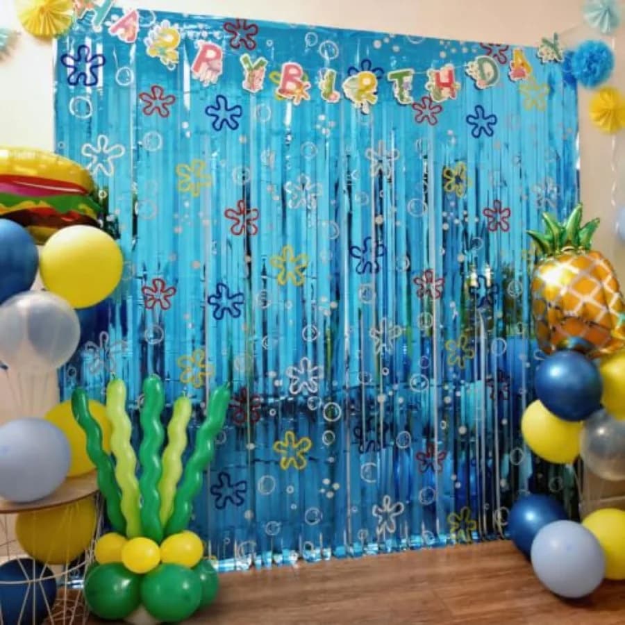 Ocean Themed Party Decorations, 1 Pack Cartoon Sponge Birthday Photo Booth Prop, Ocean Pattern Curtains Streamers for Under the