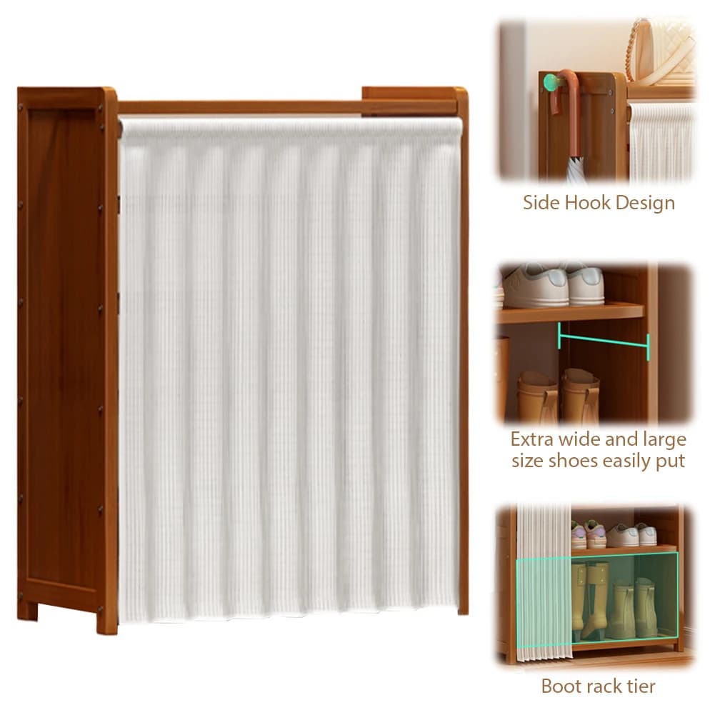 6-Tier Cabinet Organizer with White Gauze Curtain Wooden Shoe Organizer Racks for Entryway Living Room Hallway Doorway