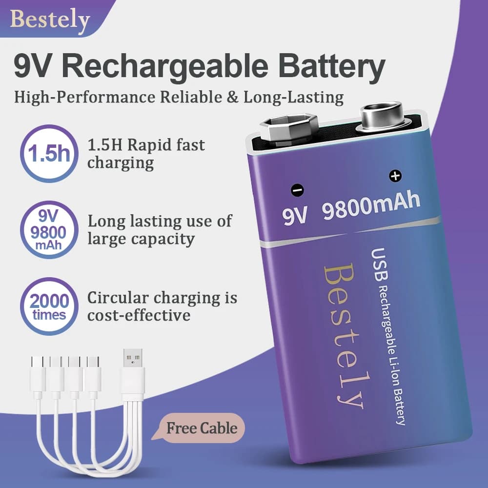 Bestely Nuova batteria ricaricabile agli ioni di litio da 9 V 9800 mAh con cavo di ricarica per rilevatore di fumo, microfono, allarme, wireless