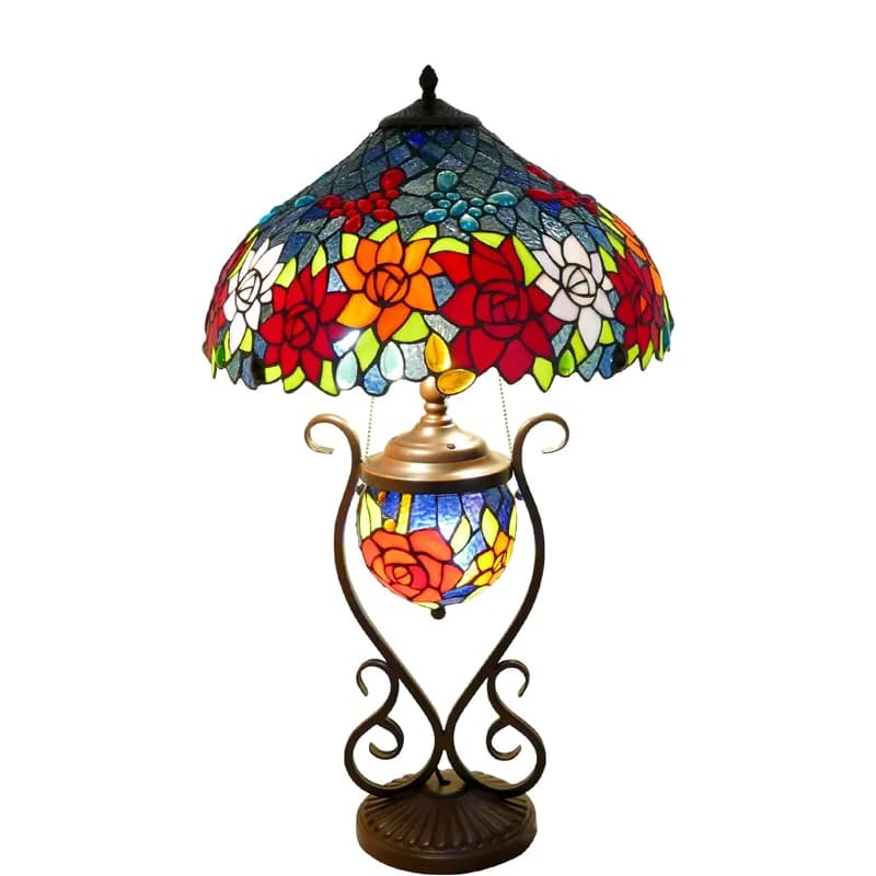 Lampada Tiffany Stile Farfalla e Rosa, Grande Lampada da Tavolo, Luce da Scrivania in Vetro Colorato con Base in Metallo per Camera da Letto, Soggiorno, Ufficio