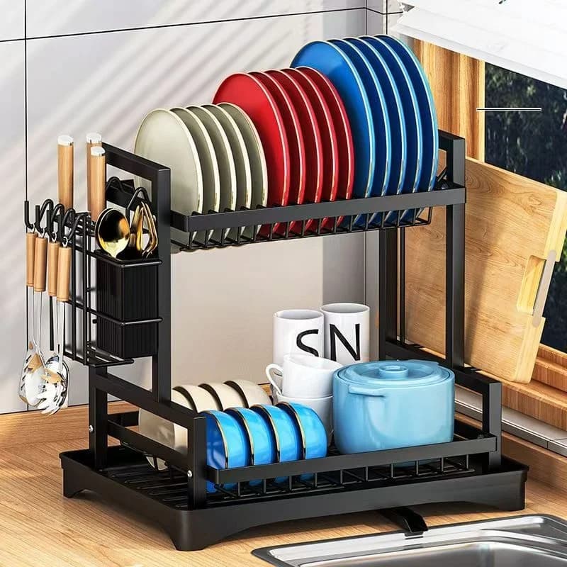 2-Tier Dish Drying Rack Large Capacity Kitchen Dish Rack with Drainboard Utensil Holder Cutting Board Holder Hooks Rustproof Met