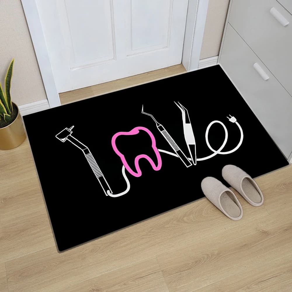 Pink Tooth Dental Instrument Love Door Mat Light Weight Anti Slip Entry Rug Suit Dental Office Bedroom Kitchen Indoor Decor