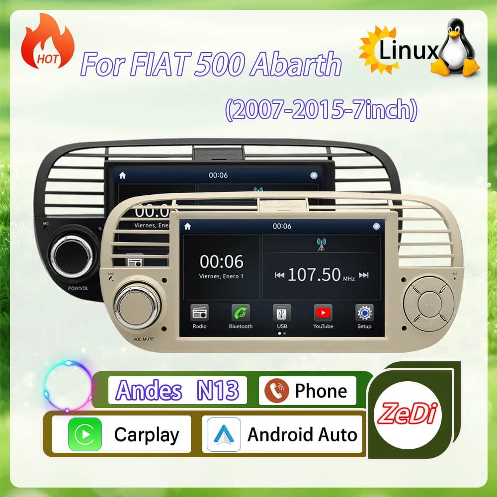 For Fiat 500 Abarth (2007-2015-7 inch) 2026 new, Linux system, CarPlay wireless, car navigation, video player, Bluetooth GPS