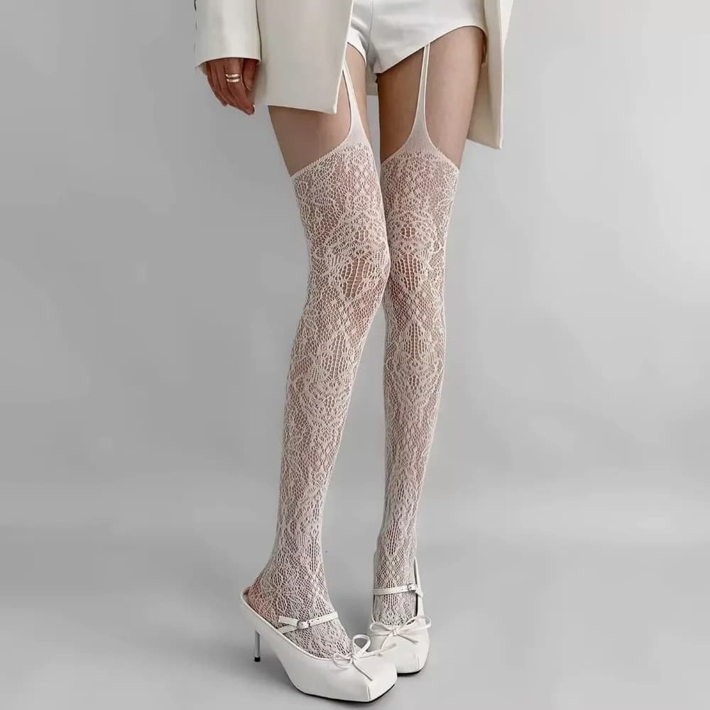 Dolce trasparente maglia fiore collant lunghi irregolare collant a rete ultrasottile Lolita JK stile leggings vuoti donna ragazza