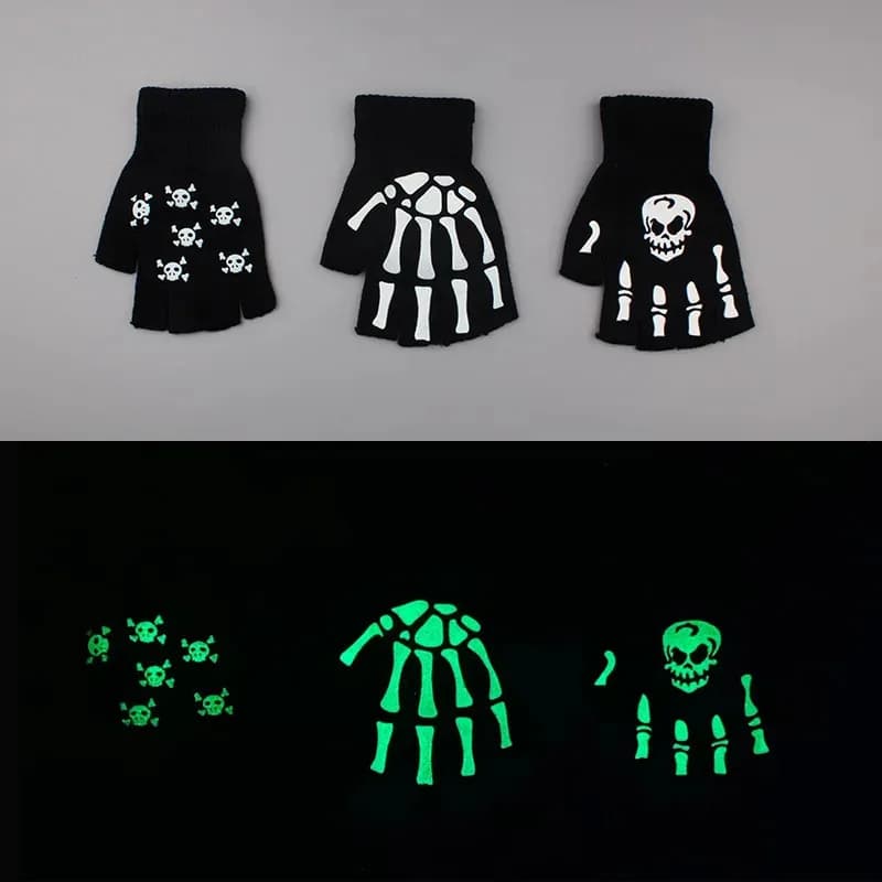 1/2/3 pairs new children adult Halloween skeleton skull half fingers fingery punk gloves bright winter skull without fingers black glove