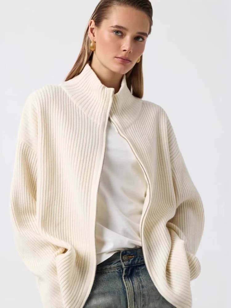 2025 Autumn and Winter Fashion New Women's Elegant Knitted Wool Cardigan Zipper Stand Up Collar Long Sleeved Thick Warm Jacket