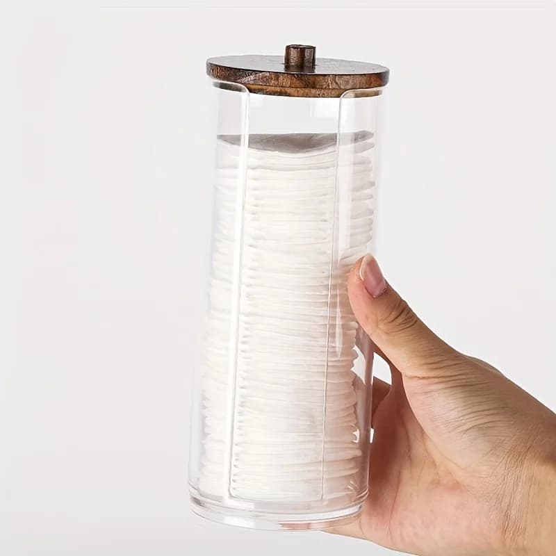 Tamponi per batuffoli di cotone trasparente Tamponi per trucco Dispenser Portaoggetti Contenitore per organizer con coperchio in legno Portaoggetti multifunzione per il bagno
