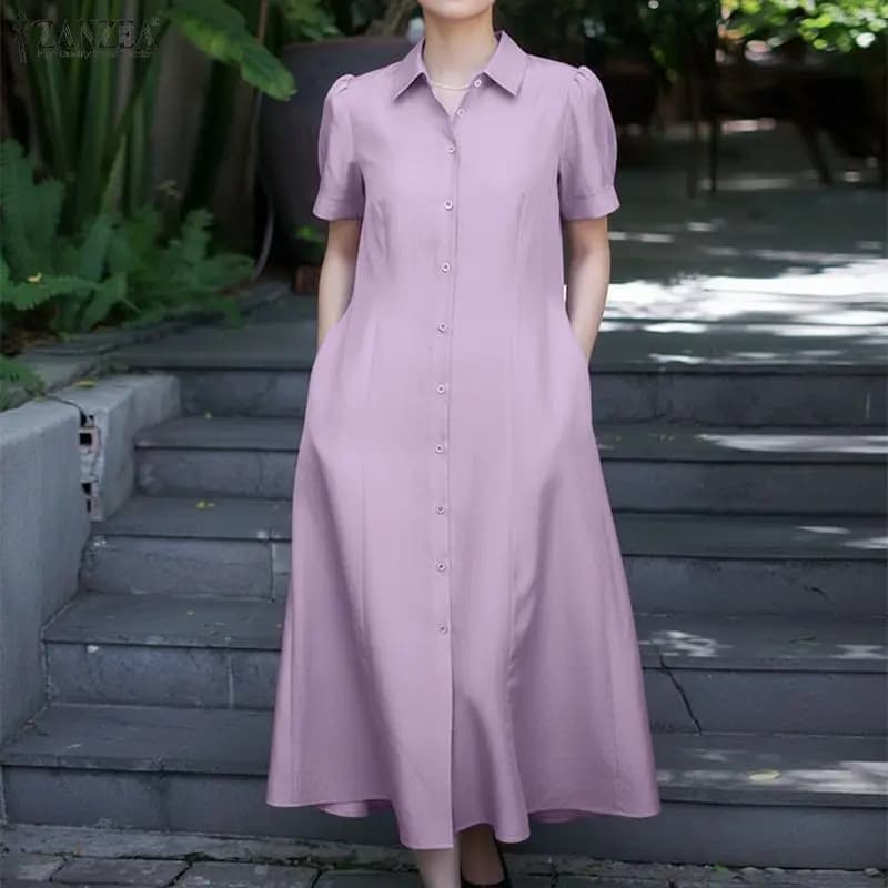 ZANZEA Abito chemisier lungo casual da donna con colletto a risvolto, maniche corte, abbottonatura frontale, tinta unita, lunghezza midi, Collezione Estate 2026