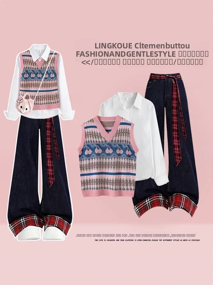Elegant plus Size Spring Knitted Vest Shirt Vintage Slimming Jeans Three Piece Set Women's Fashion Ensemble High Waist Long P...