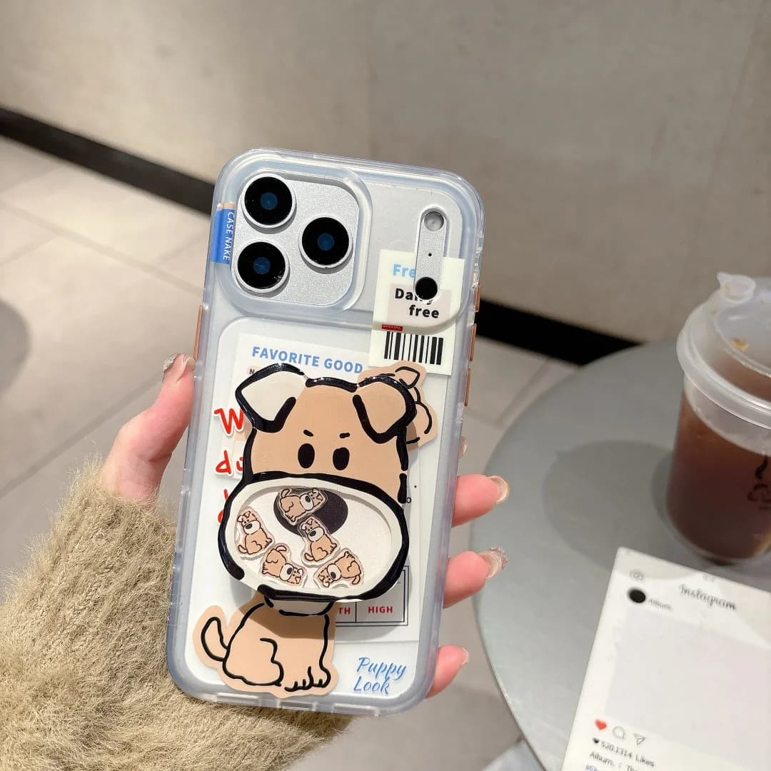 INS Coreano Carino Inglese etichette Dog Card Hold Stand Custodia per telefono per iPhone 17 16 15 14 13 Pro Max Plus Custodia Cover