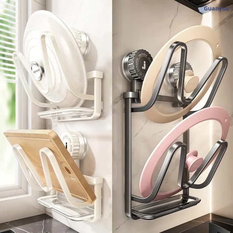 Multi-Layer Pot Lid Holder Kitchen Storage Rack Iron Suction Cup Wall-Mounted Multi-Function Cutting Board Stand No-Drilling