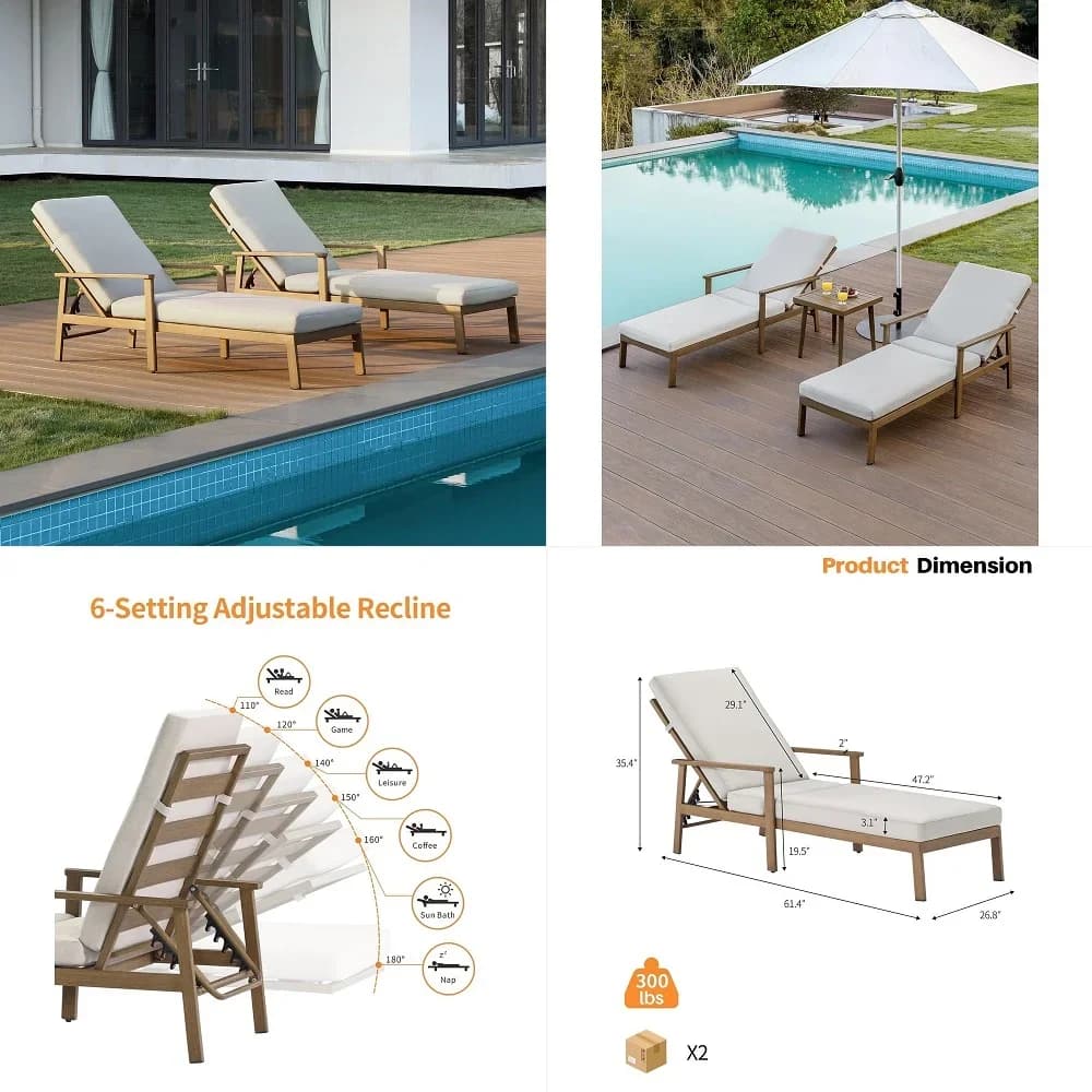 Sdraio in Teak, Set di Sdraio da Esterno in Alluminio Antiruggine con Cuscini Grigi, Regolabile in 6 Posizioni per Patio