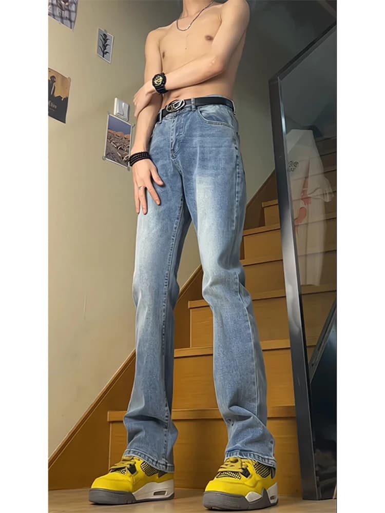 Jeans da Uomo Lavati Blu Chiaro a Vita Alta, Gamba Dritta, Effetto Snellente, Stile Americano, Moda Estiva Giovanile in Poliestere e Cotone