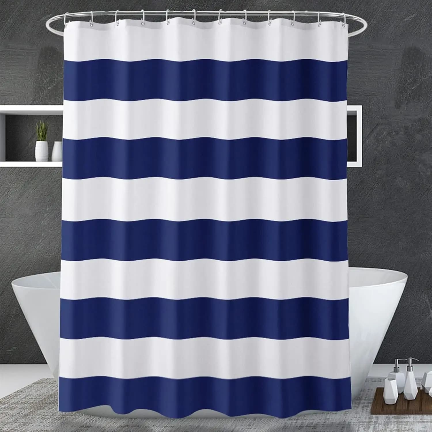 Tenda da doccia a righe blu navy e bianche, 72x72 pollici, tessuto idrorepellente con pietre pesanti