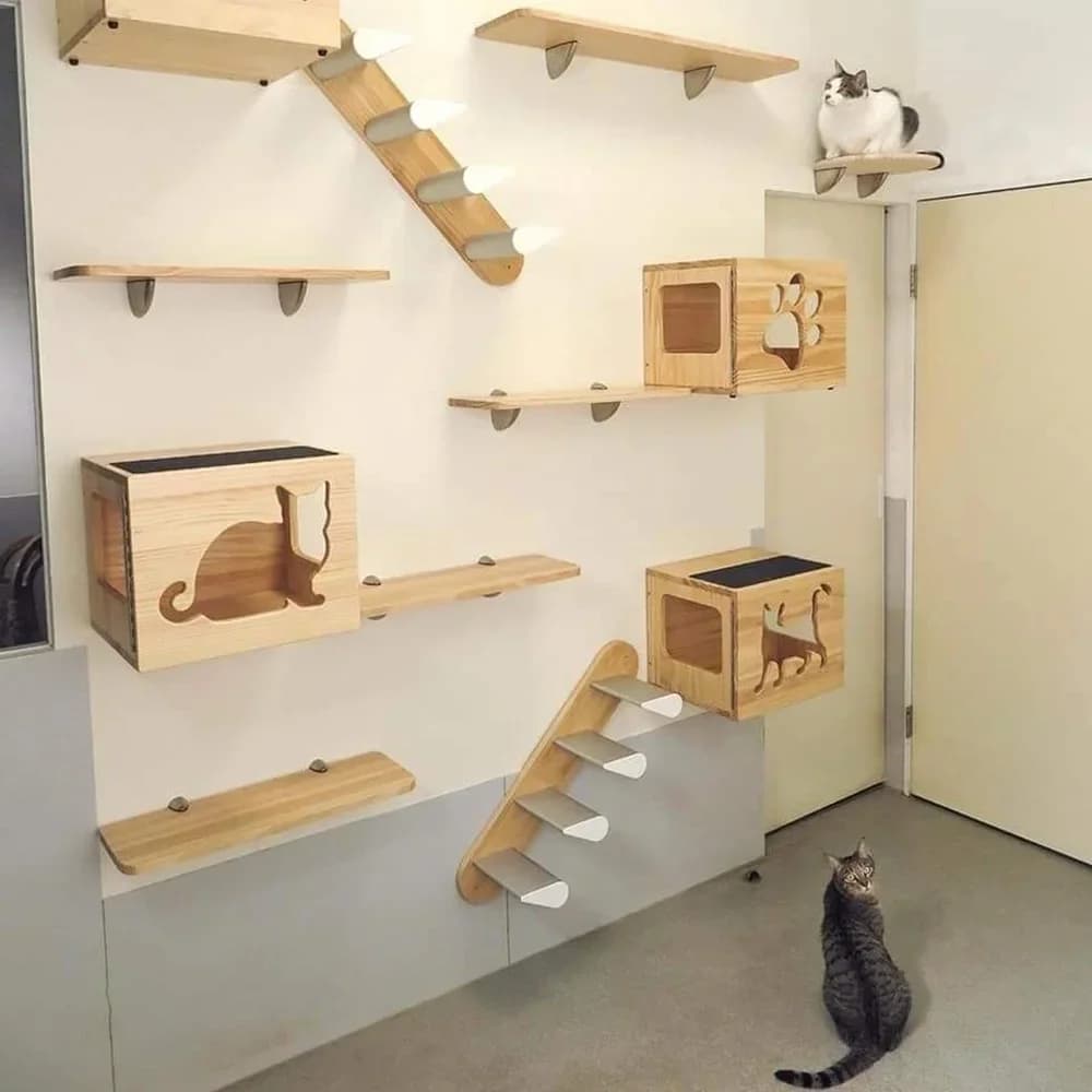 Mobili per case per gatti in legno montati a parete Scaffali antigraffio Scaletta per arrampicata Pesce persico Ponte per gatti e piattaforma per saltare per giocare con gattini