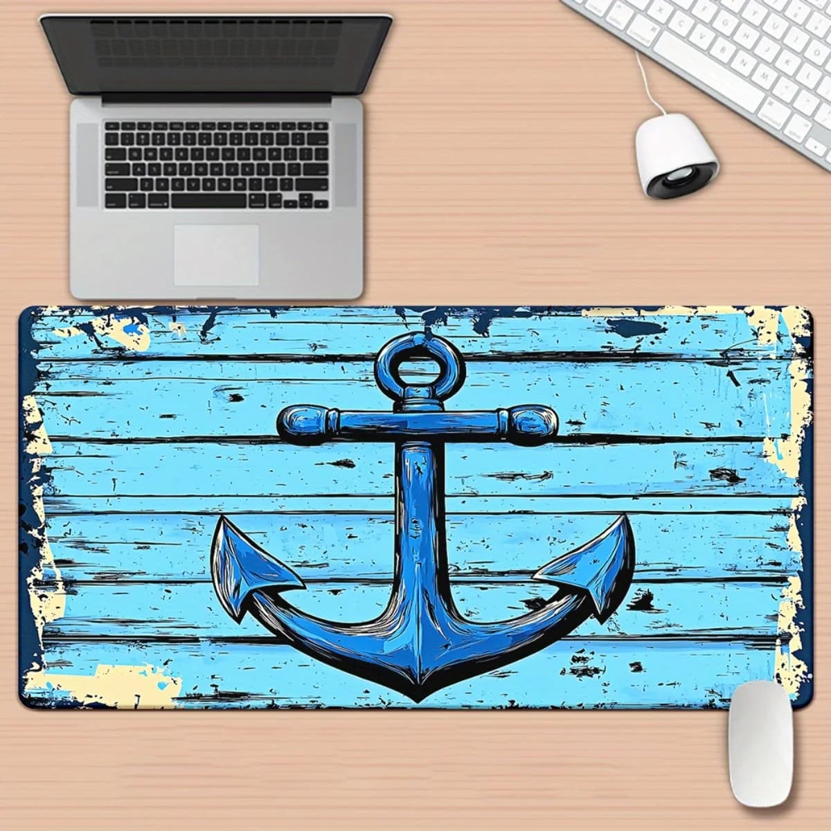 Tappetino per mouse da gioco esteso con ancora nautica su legno blu anticato, tappetino da scrivania in gomma resistente per ufficio e PC