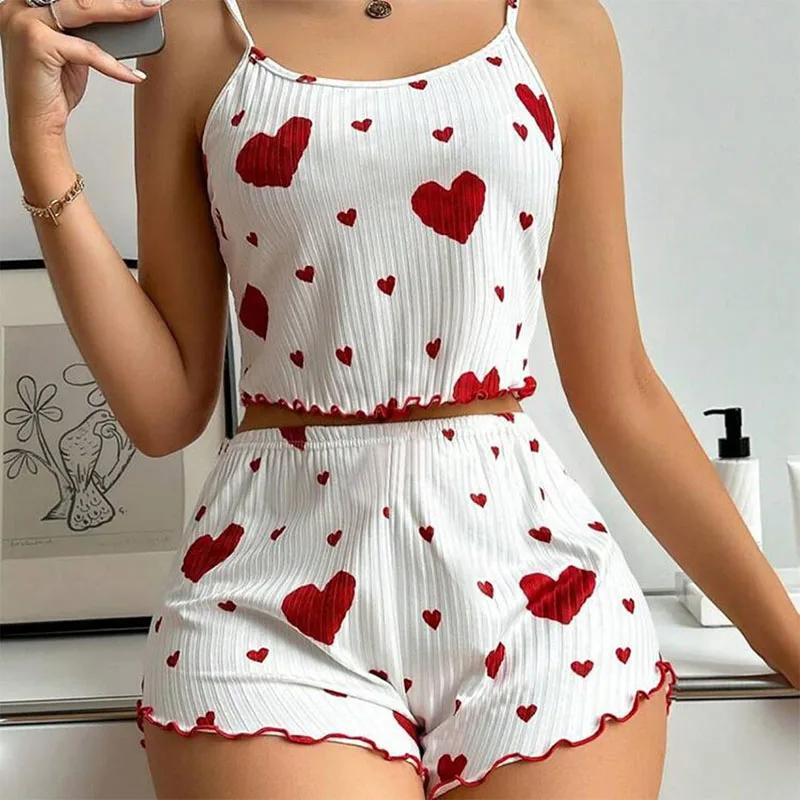Women's pyjamas Set pyjamas 2 pieces Short sleeves and shorts SML White Ventilating Soft Casual Love Print