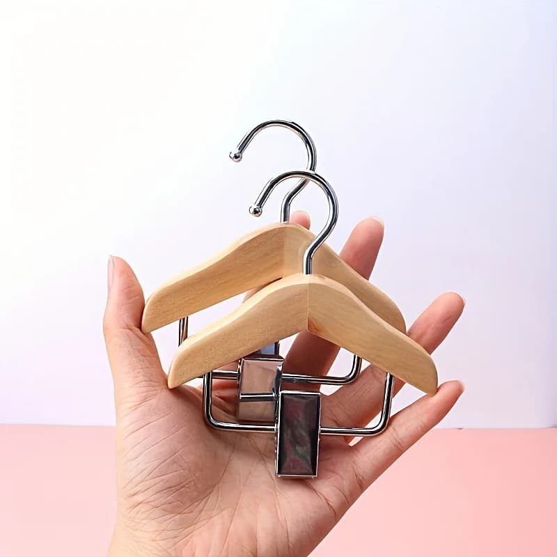 10-Pack Wooden Clothes Hangers | Stainless Steel Clips for Pet Clothes/Accessories Storage, Polished Hanger Organizer