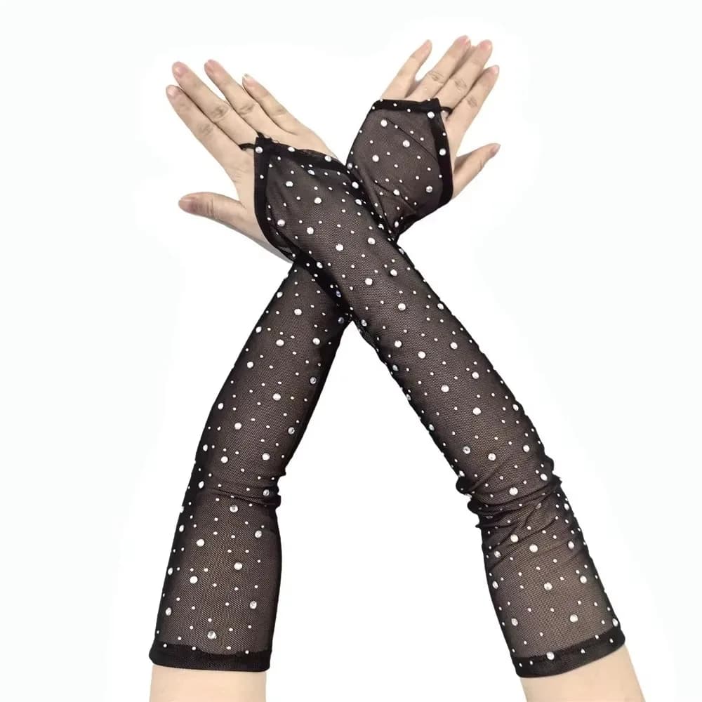 Fashionable Shiny Rhinestone Mesh Gloves 42cm Sheer Glitter Long Gloves Elasticity Mesh Fingerless Gloves Stage Performance