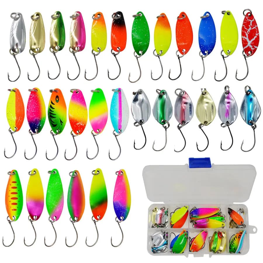 JYJ 30pcs a box 2.5g/3.5g/4g/5g set di esche da pesca in metallo colorato cucchiaio esca per trota, walleyes e pesce persico wobble spinner lure set