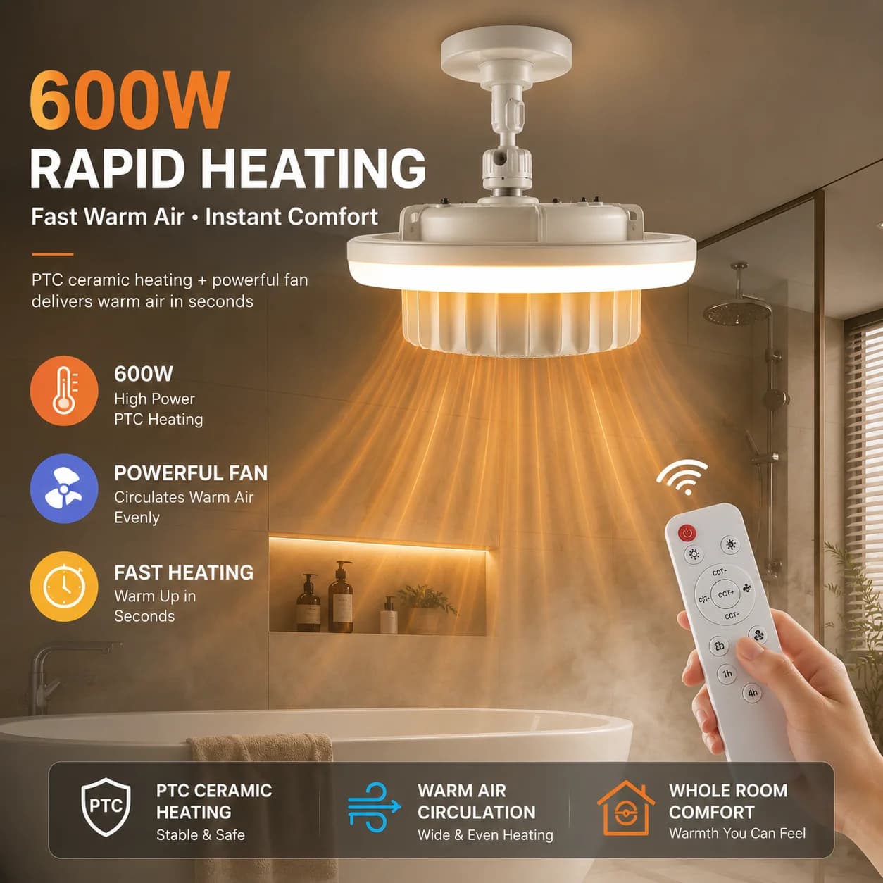 3-in-1 Bathroom Heater Fan Light 600W PTC Heating E27 Socket LED Ceiling Lamp with Remote Control And Timer 1H 2H 4H 3 Colors