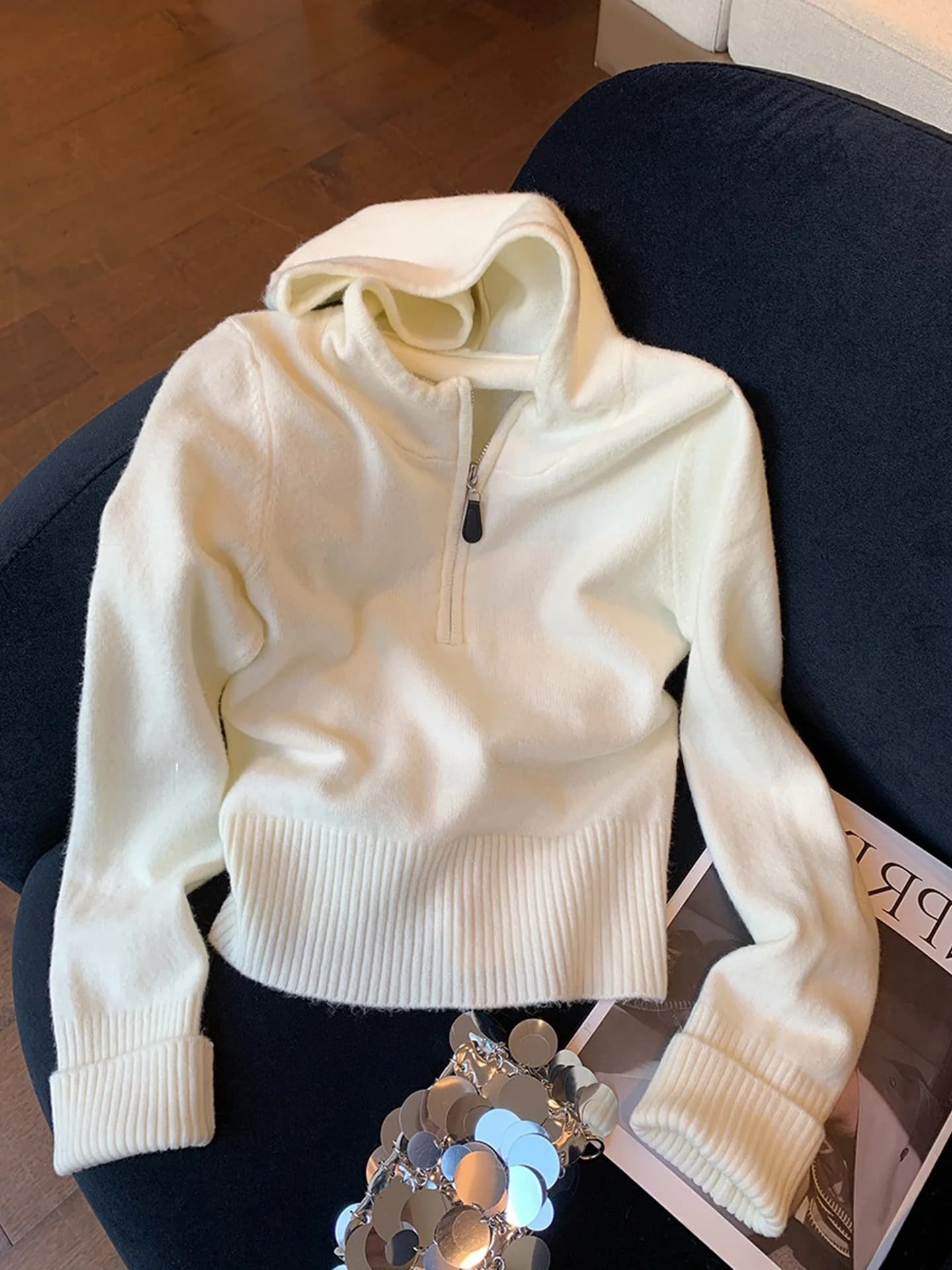 Korean Style Soft Knitted Long Sleeve Zipper Hoodie Comfortable Versatile Spring Fashion Women's Sweater Casual Commute Style