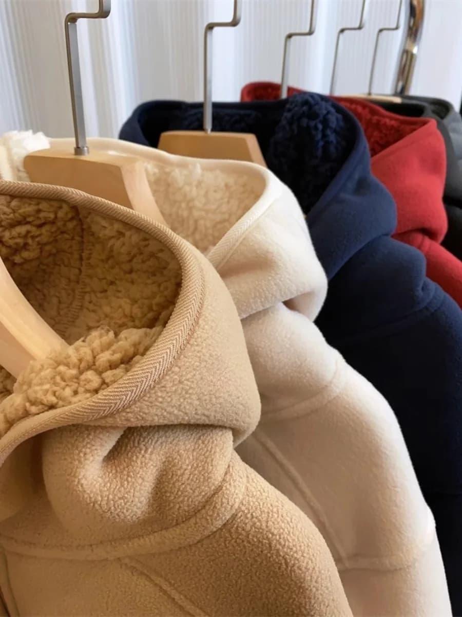 Giacca con cappuccio in pile a doppia faccia termoisolante da donna, calda per l'inverno, stile casual da pendolare, con chiusura a cerniera