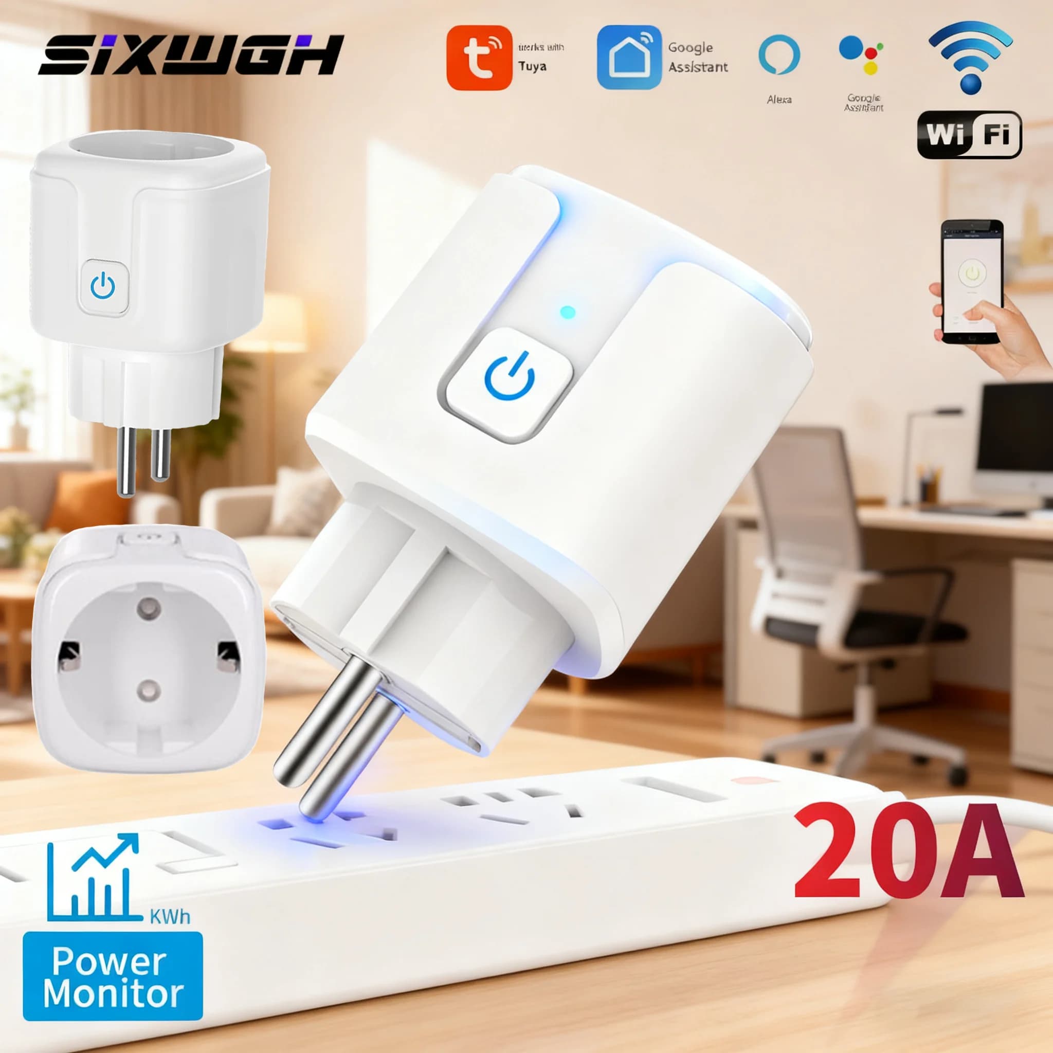 SIXWGH Tuya ZigBee 20A Smart Plug Group Control Scene Automation French High Power Swivel Design Multi-Device Synchronization