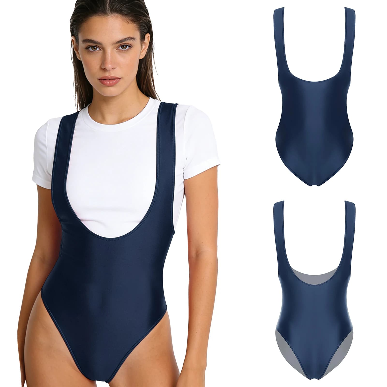 Body intero lucido da donna, slim fit, scollo basso, senza schienale, per yoga, pilates, allenamento e nuoto