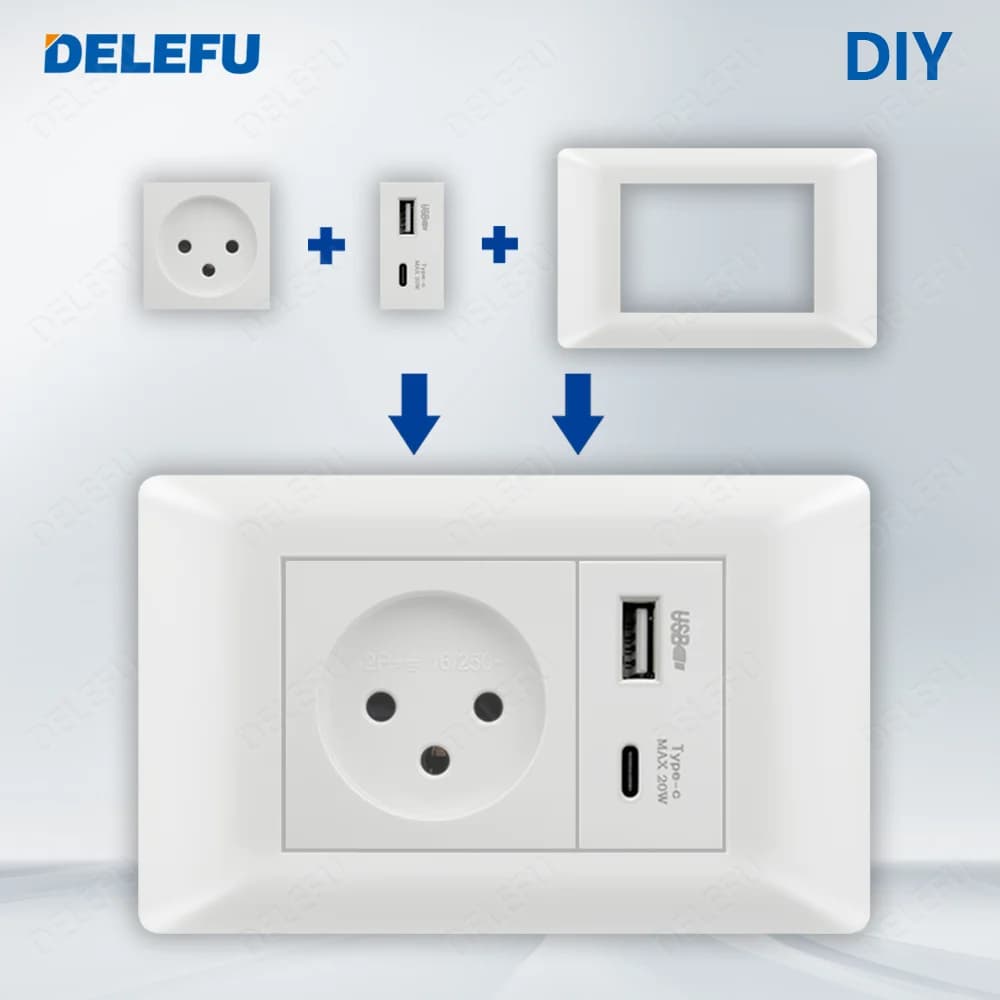 DELEFU Israele Presa FAI DA TE Scheda Vuota USB TypeC Campanello Interruttore 45A 20A Tenda TEL CAT5 TV HDMI SAT Smart Bianco